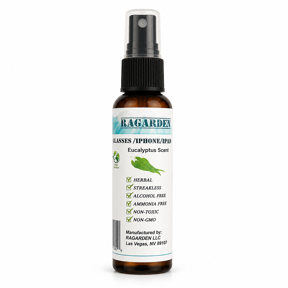 amber bottle with RAGARDEN Eucalyptus Eyeglasses Cleaner, white background