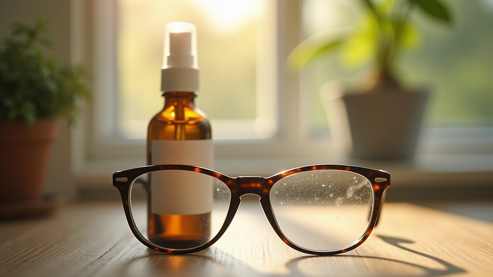 Close-up view of herbal eyeglasses cleaner bottle on a wooden surface