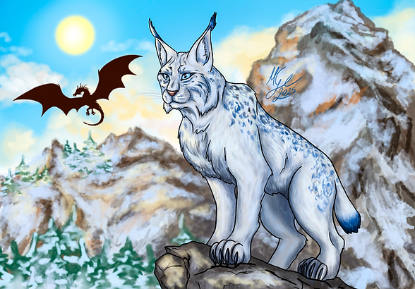Ein weiß-blauer Luchs im Gebirge, die Silouette eines Drachen am Himmel im Hintergrund.