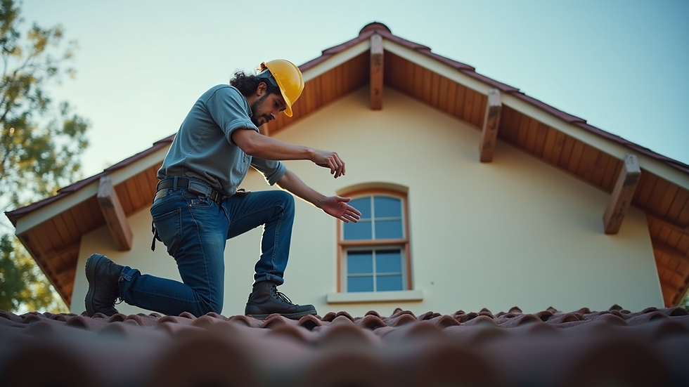 Eye-level view of a home inspector examining the roof of a house