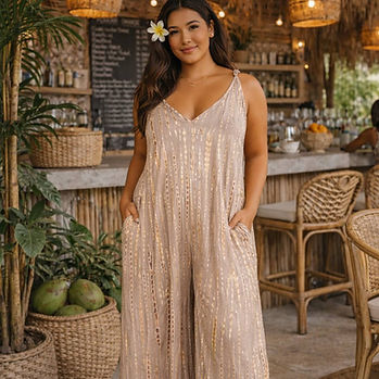 woan in a beige boho tie dye jumpsuit.