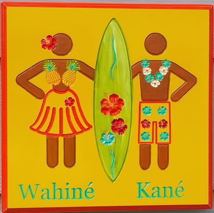 picture of a sign showing a woman and a man that says Wahine for woman and Kane for men