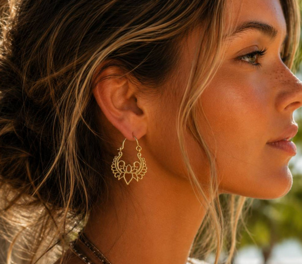 Thumbnail: Gold-tone Sacred Lotus brass earrings with open lotus design close up
