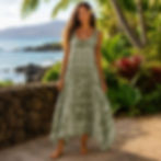 Woman wearing the Island Breeze Dress, a tropical boho rayon dress with adjustable tie shoulder straps and a flowing handkerc