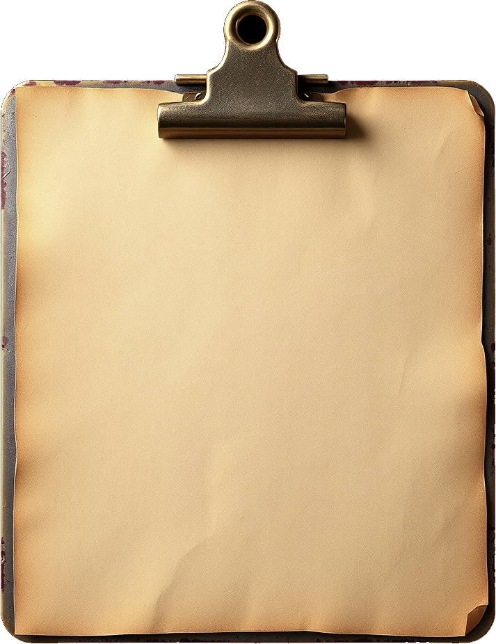 A single vintage aged brass clipboard with a metal clip at the top, holding a blank weathe