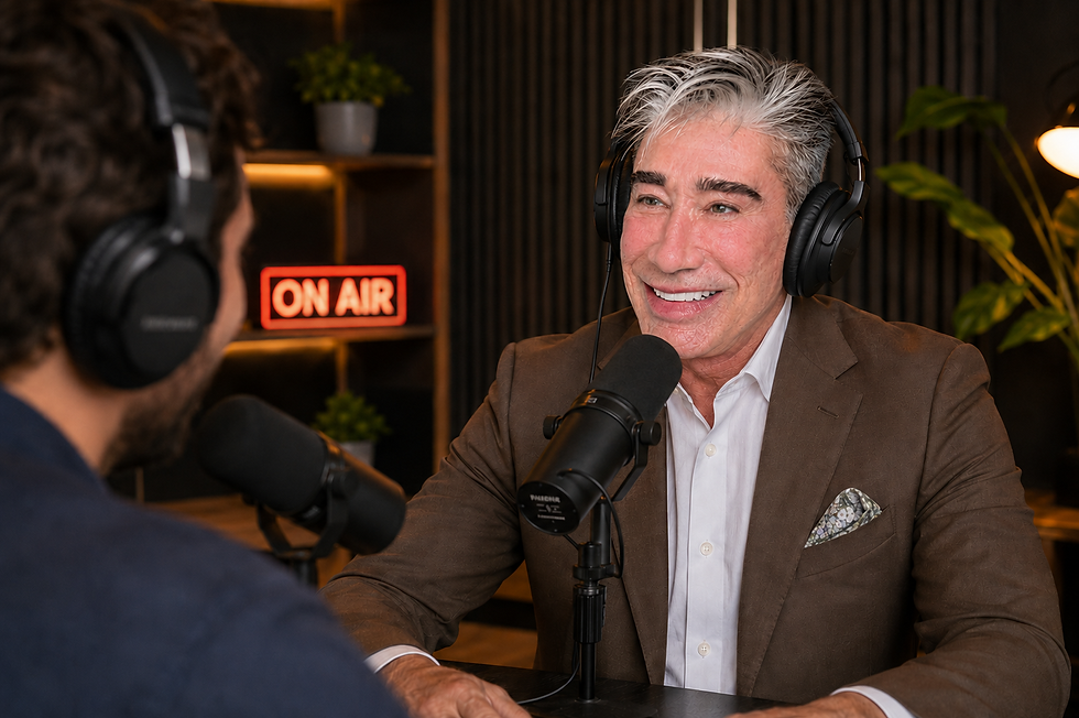 A smiling man in a brown suit wearing headphones talks into a microphone during an on-air studio podcast interview.