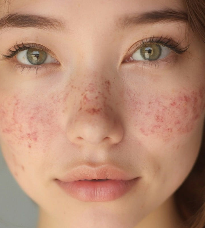 A close-up portrait of a woman's face, showing freckles and some skin redness.