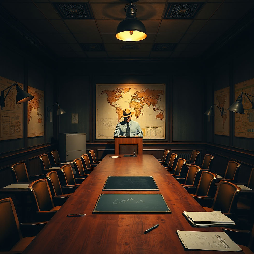 A small intimate vintage mid-century government conference room, a lone man wearing a worn