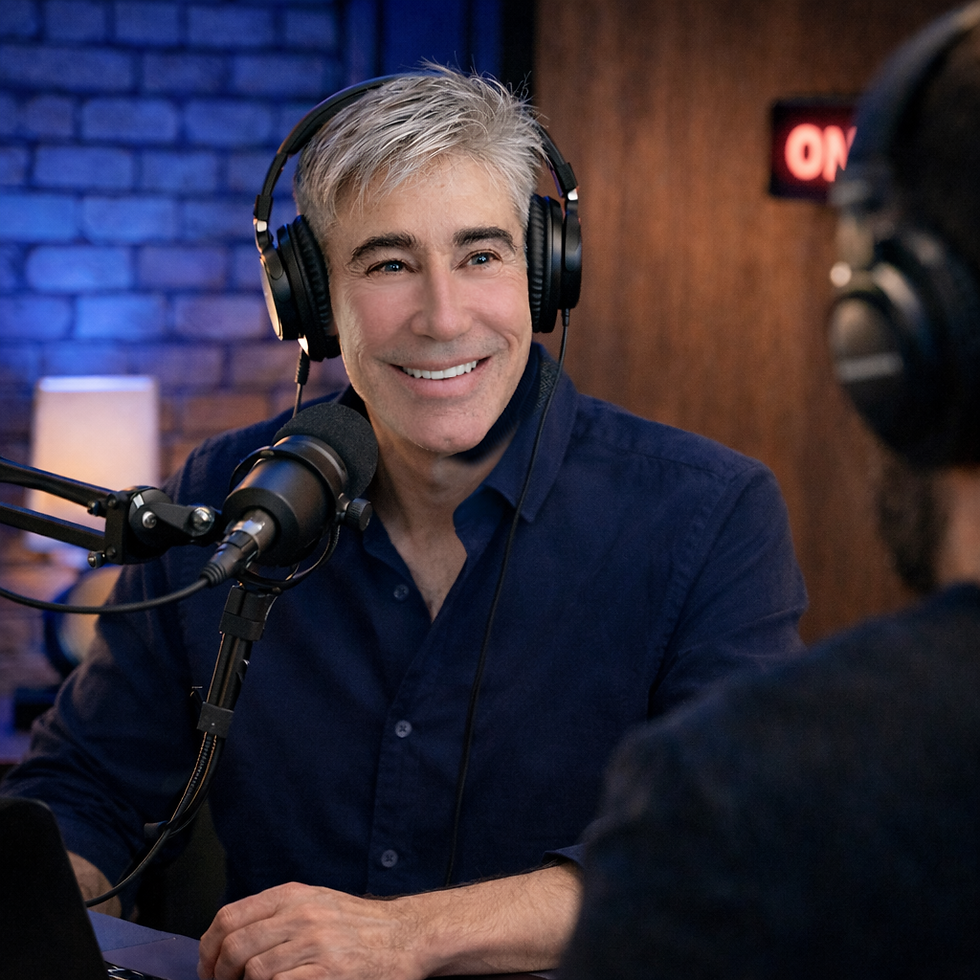A smiling man wearing headphones sits in front of a microphone during a podcast recording session in a studio.