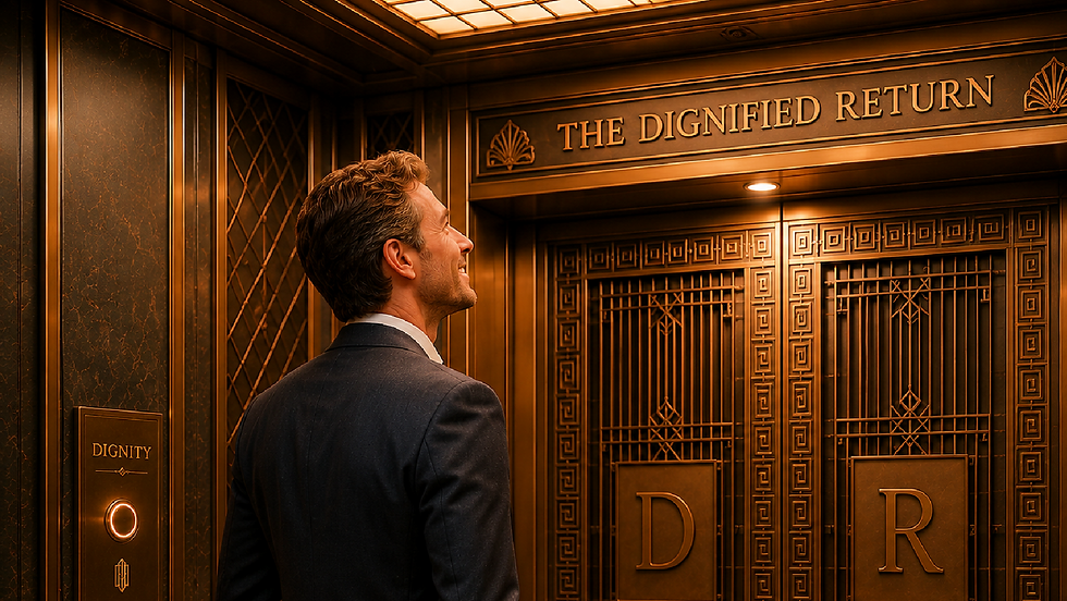 A man in a suit looks up inside an ornate, bronze Art Deco elevator featuring the inscription "THE DIGNIFIED RETURN" above the doors.