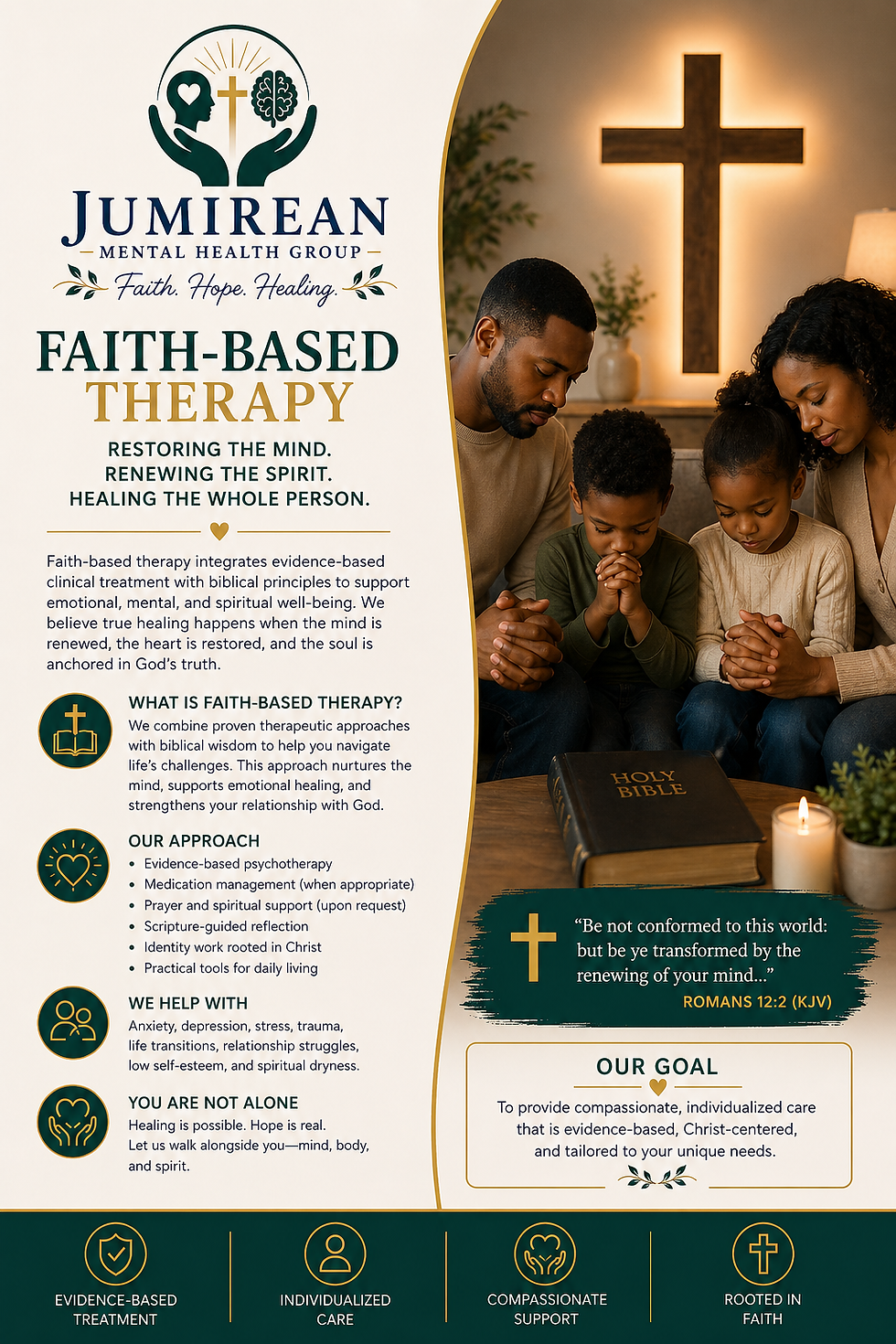 Family praying, promoting faith-based therapy for mental health