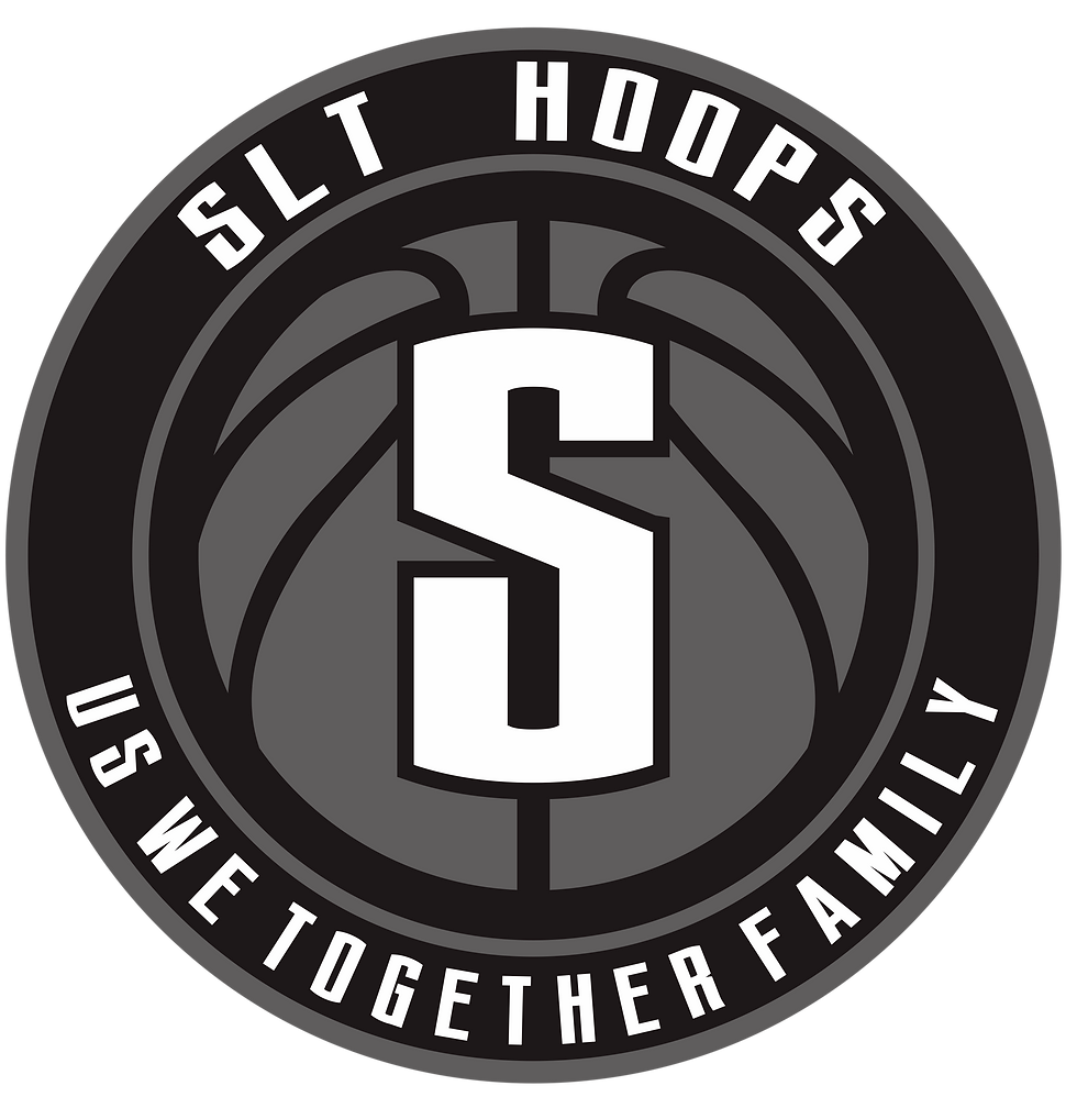 Logo of SLT Hoops featuring a black and white basketball design.