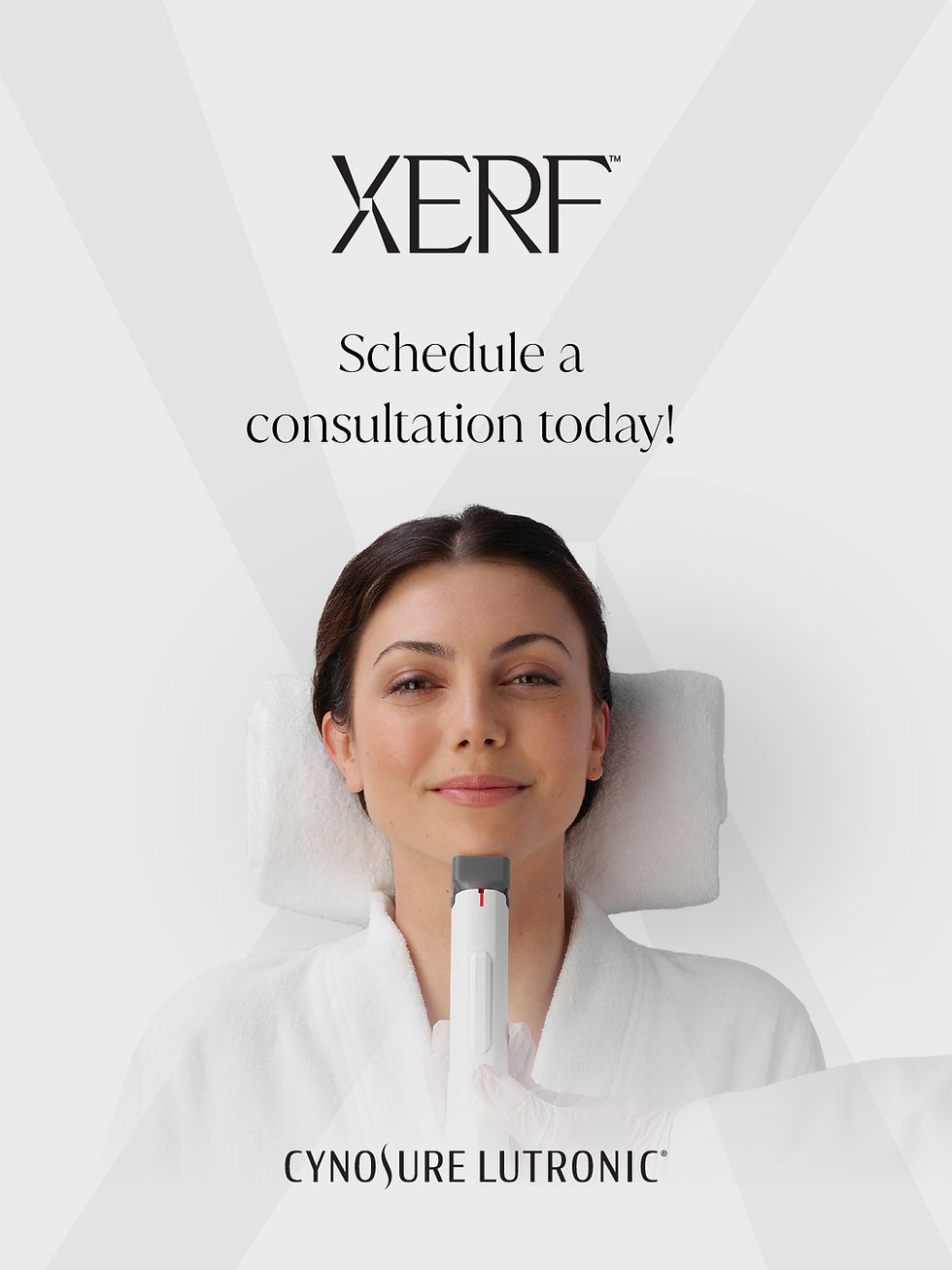 Woman receiving a skin treatment with a device, promoting Xerf Skin Tightening.