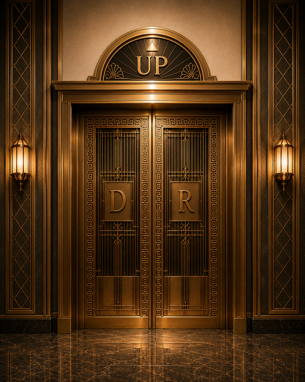 An ornate, vintage-style bronze elevator with "THE DIGNIFIED RETURN" inscribed above the decorative metal doors.