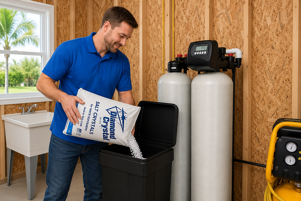 A man pouring a bag of water softener salt crystals into a black brine tank.