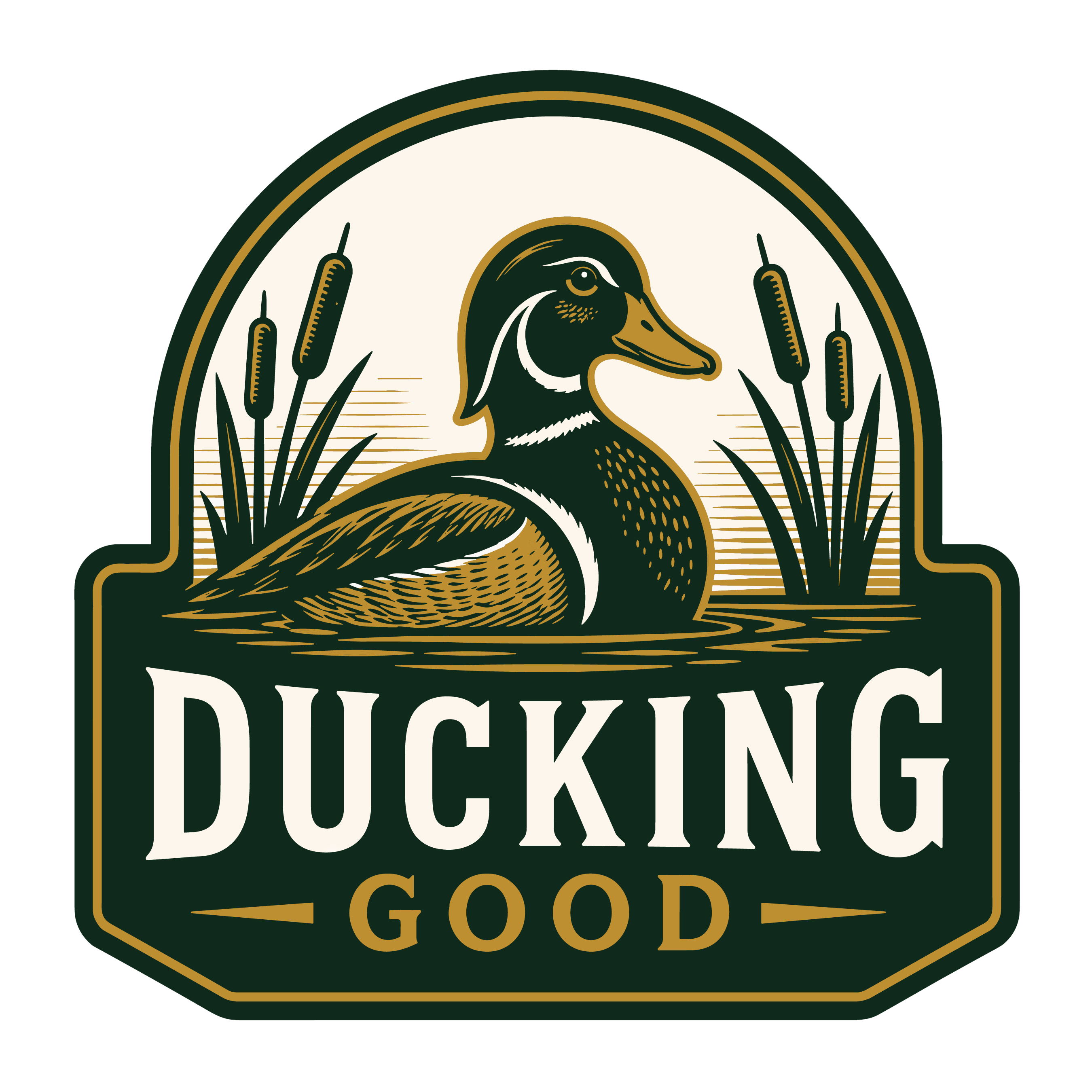 Logo for Ducking Good featuring a duck in water and cattails, emphasizing fresh ingredients.