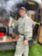 One to One Beekeeping Cheltenham - A Day with Harry - a picture of Harry standing by his bee van - Harry's Honey