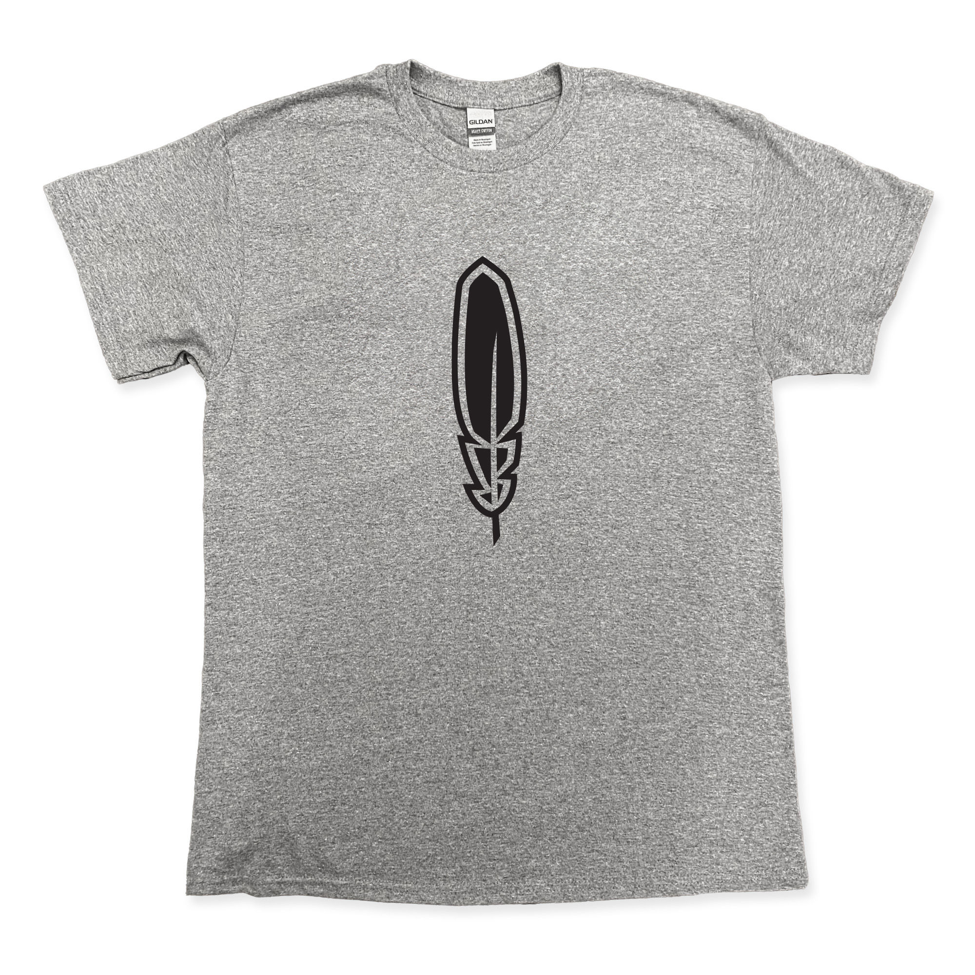 grey t-shirt with black feather graphic design
