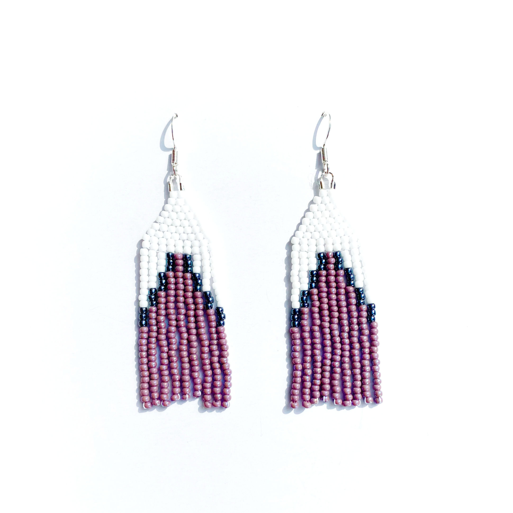 White and Purple Beaded Fringe Earrings