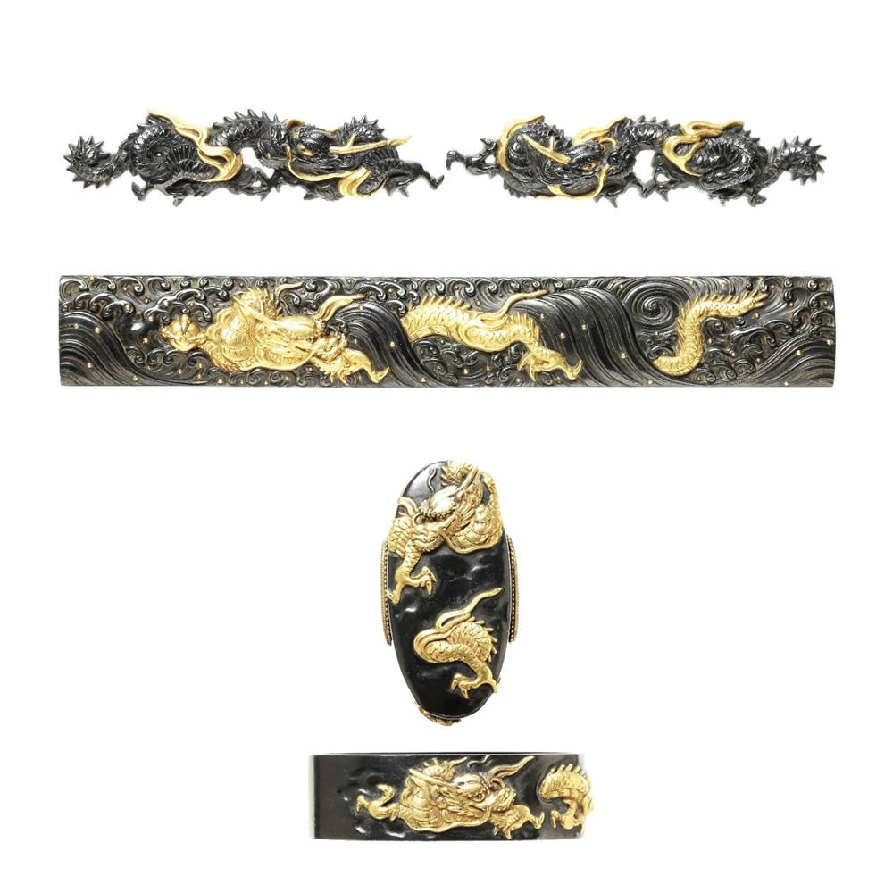 龍図揃金具 小柄 銘 一柳友善（花押） 縁頭 銘 一柳友善（花押）, 揃