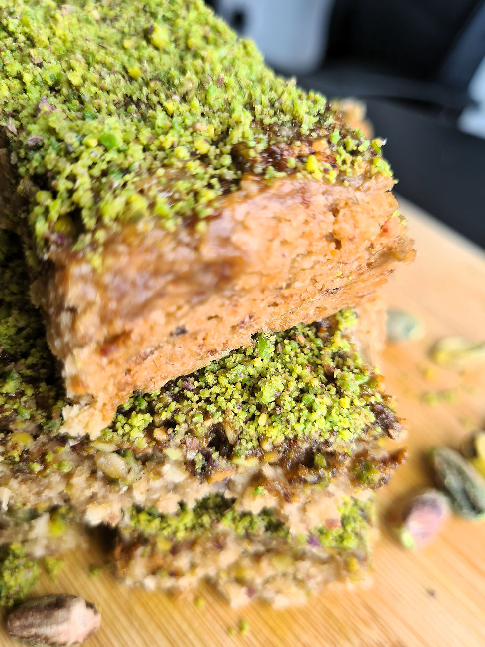 Stack of pistachio baklava flapjack squares.