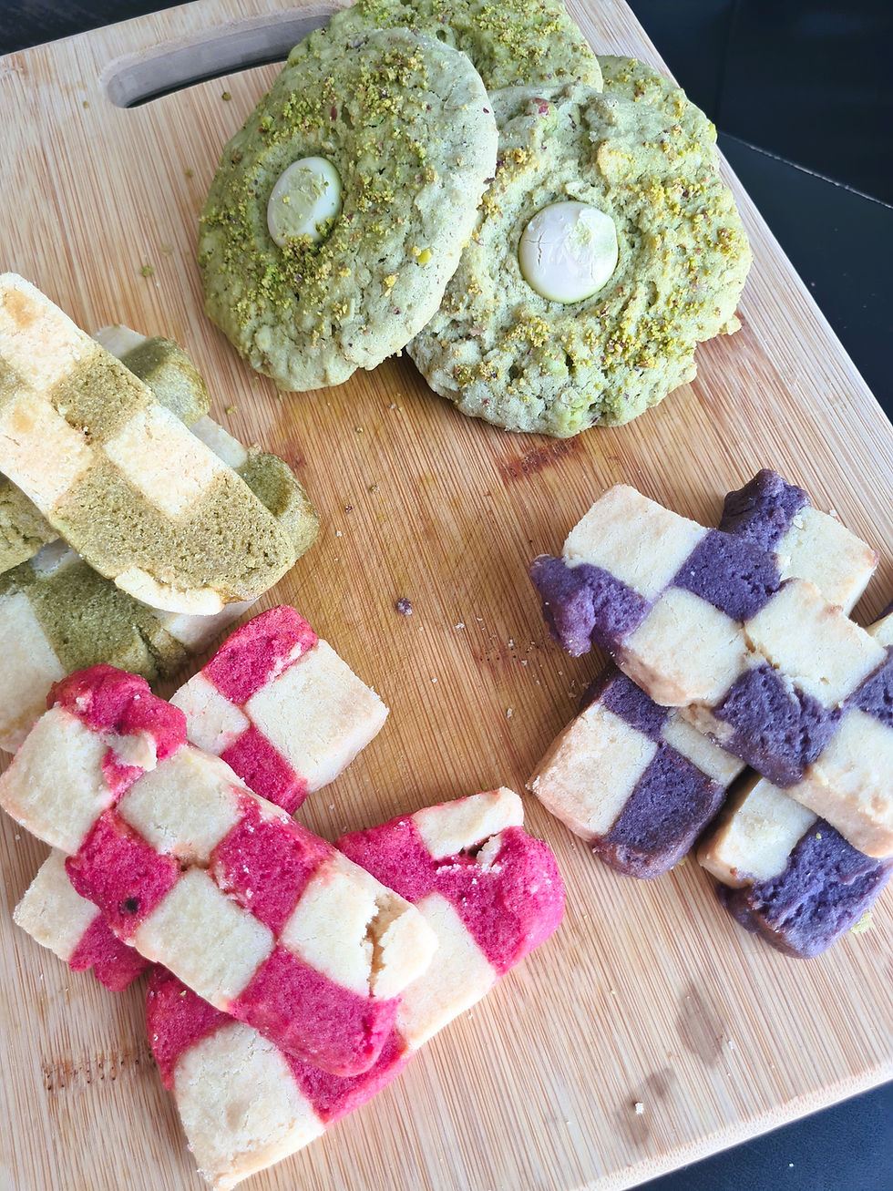 Vibrant checkerboard cookie with green matcha, purple-blue matcha, and deep pink beetroot squares