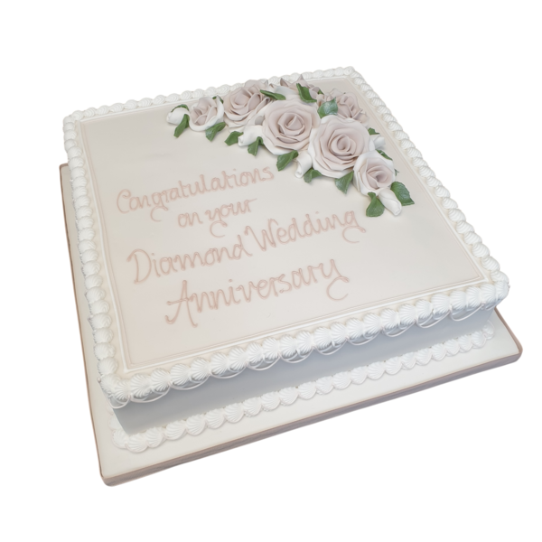Elegant 12" square cake adorned with beautiful roses, perfect for weddings, birthdays, or special occasions in UK.