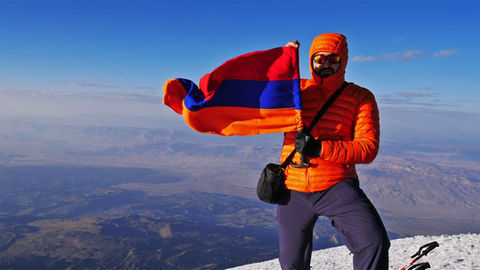summit of mount ararat, at the top of mount ararat, flag of armenia, armenian explorer, climbing mount ararat