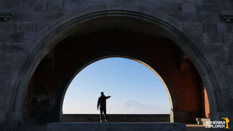 the arch of Charents, the temple of Ararat, Voghjaberd village, mount Ararat