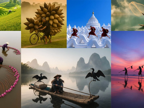 Collage of staged travel photos from Asia including rice terraces, incense baskets, monks at temples, fishermen with nets, water lily workers, cormorant fisherman, and stilt fishermen at sunset.”