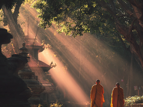 Two monks walk under sunbeams in a forest temple setting; AI-generated image showing inconsistent foot proportions and lighting artifacts.