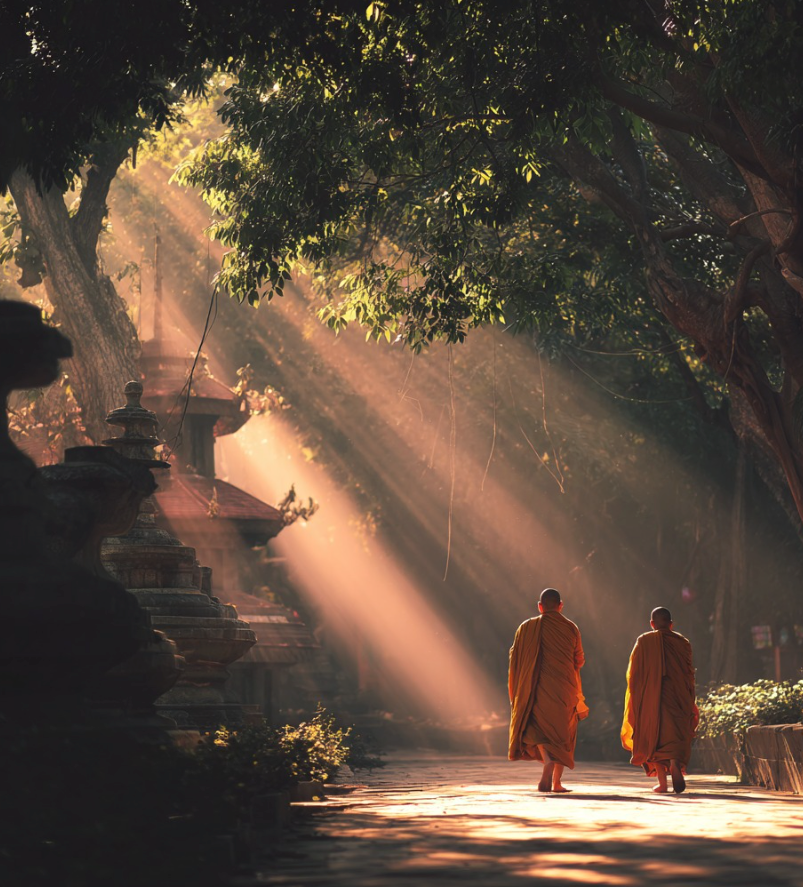 Two monks walk under sunbeams in a forest temple setting; AI-generated image showing inconsistent foot proportions and lighting artifacts.”