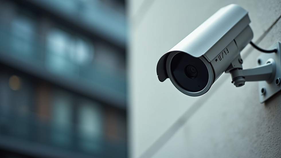Close-up view of a security camera mounted on a building exterior