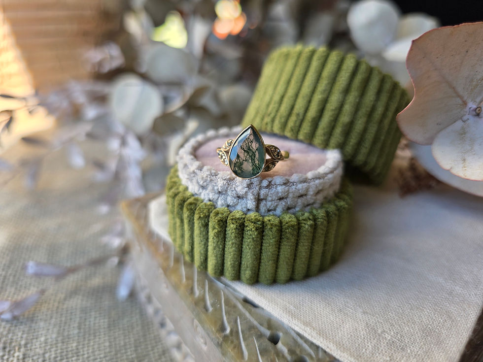 Thumbnail: Pear Moss Agate and Sapphires in 9ct Gold Ring