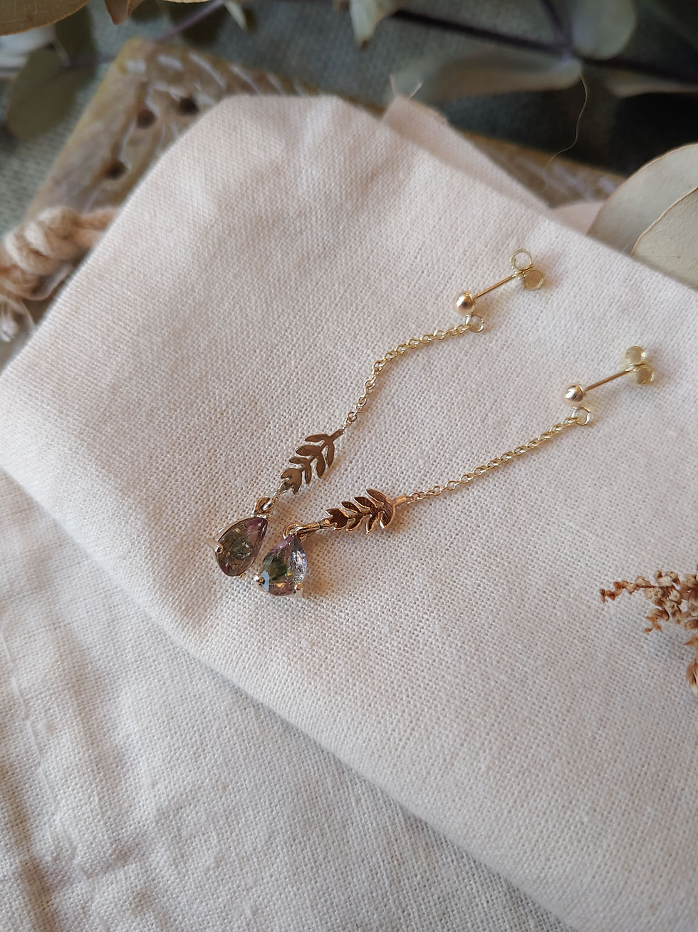 Thumbnail: Fern Watermelon Tourmaline in 9ct Gold Drop Earrings