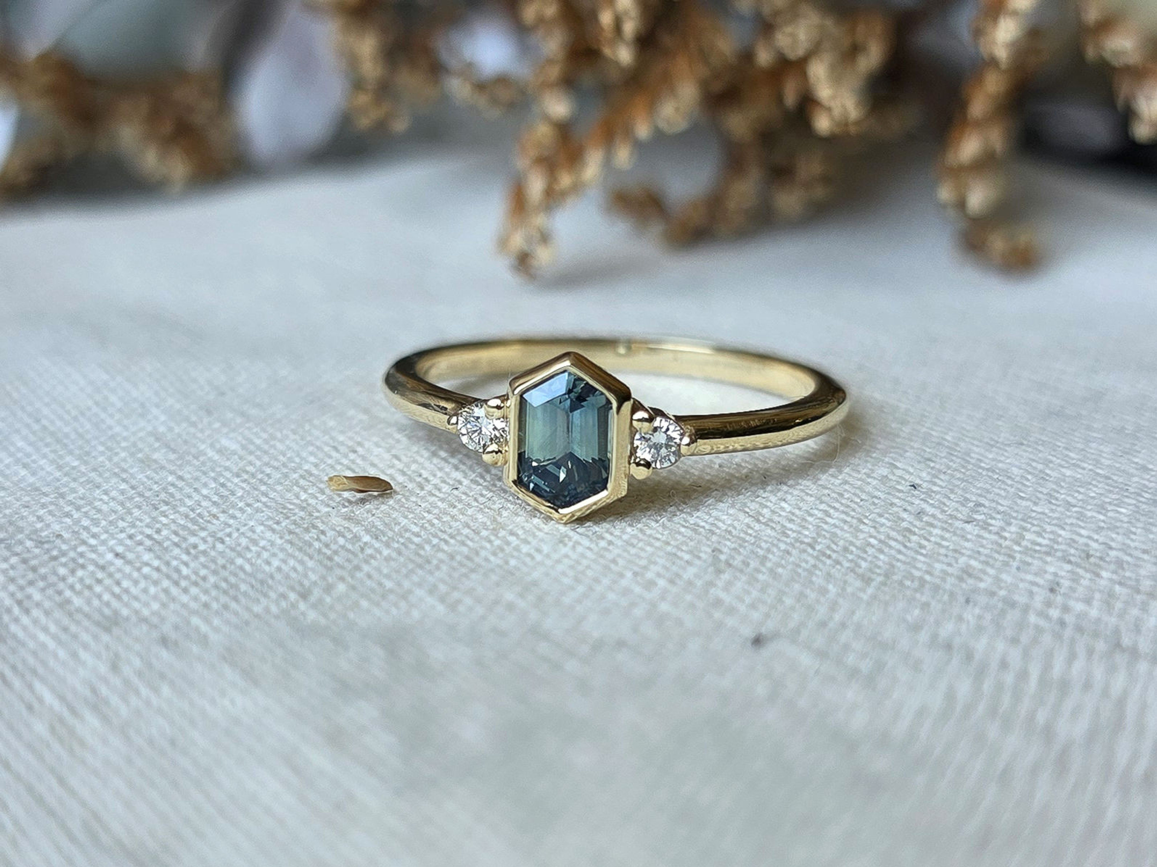 Hexagon Peacock Sapphire and Diamond Ring