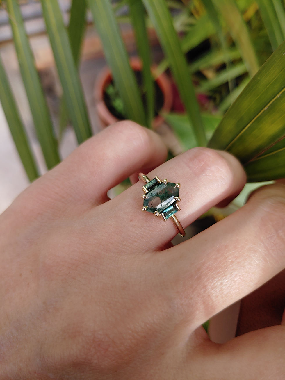 Thumbnail: Moss Agate and Tourmaline Ring in 9ct Yellow Gold