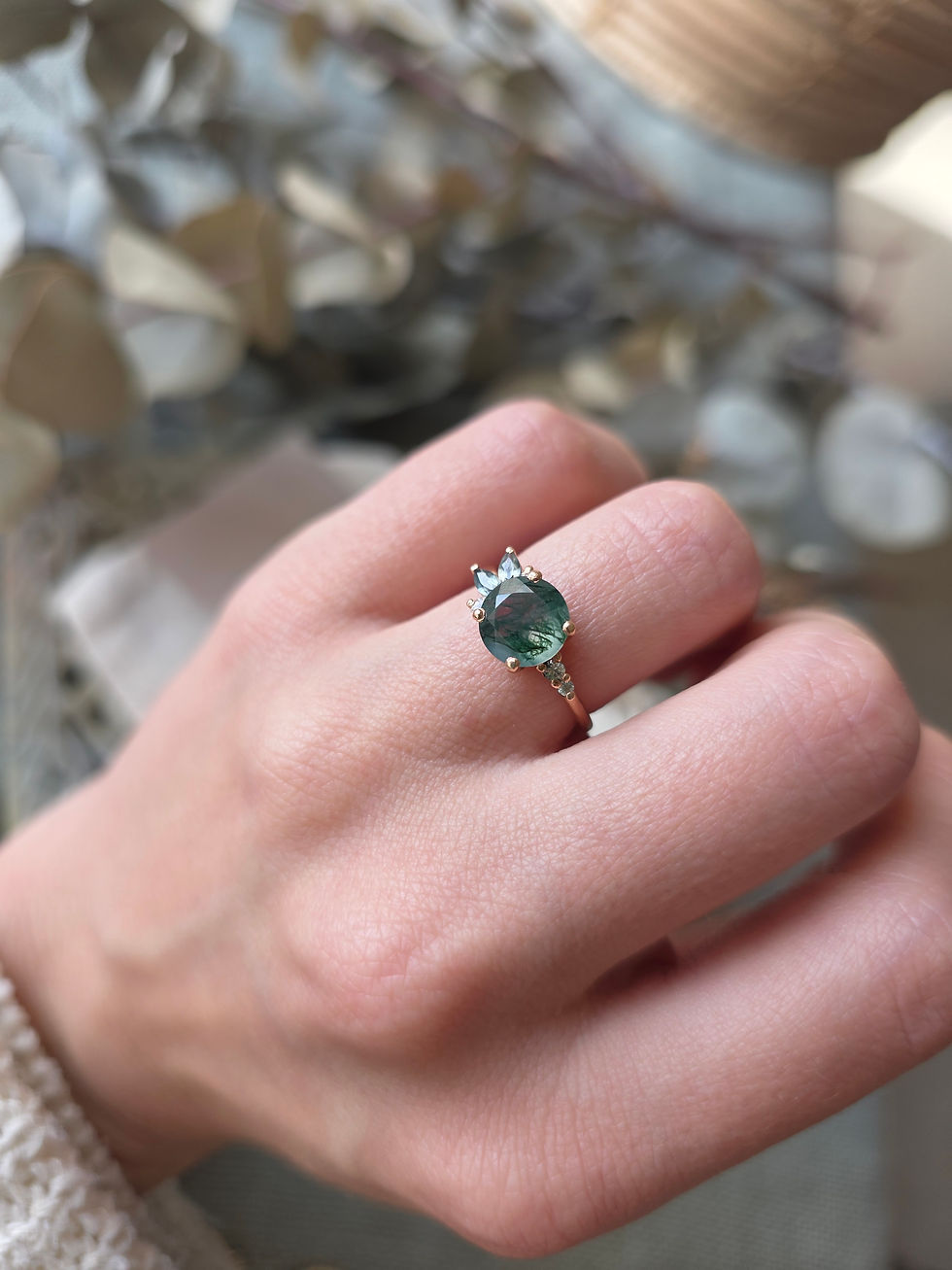 Thumbnail: Moss Agate and white Sapphire cluster in 9ct Rose Gold Ring
