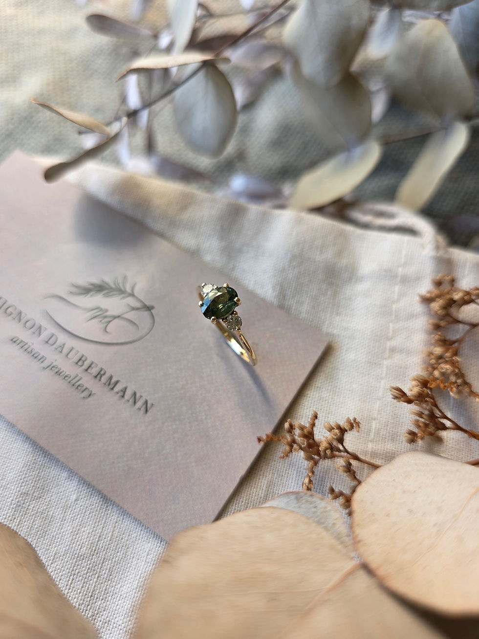 Thumbnail: Green Sapphire and Diamond in 9ct Gold Ring