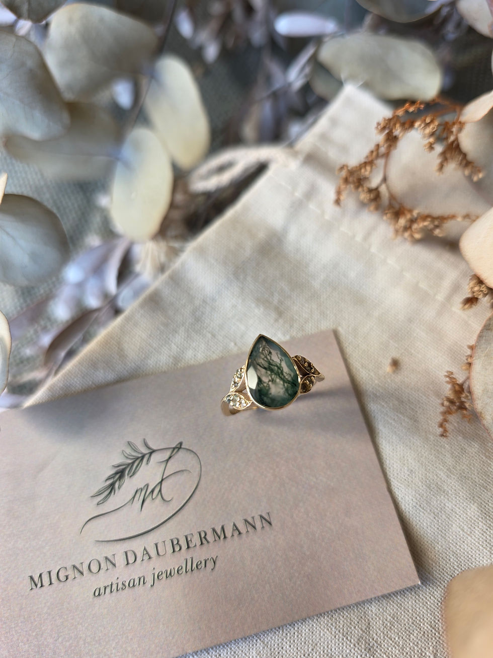 Thumbnail: Pear Moss Agate and Sapphires in 9ct Gold Ring