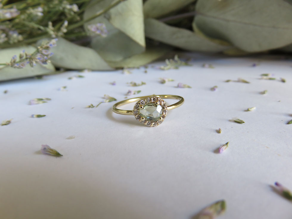 Thumbnail: Green Sapphire Halo Ring in 9ct Yellow Gold