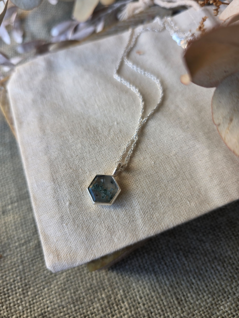 Thumbnail: Hexagon Moss Agate Necklace in Sterling Silver