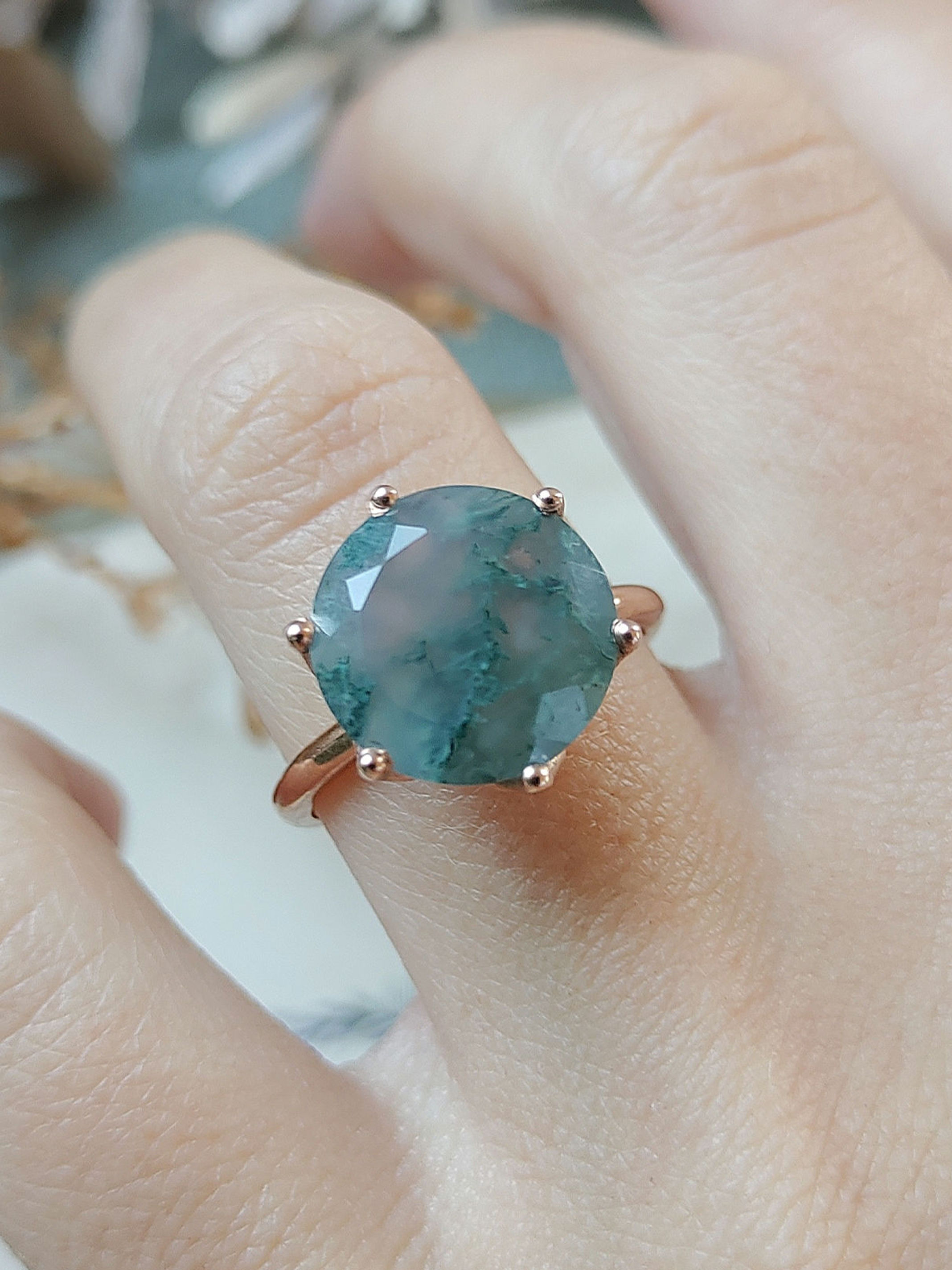 Large Round Moss Agate 9ct Rose Gold Ring