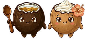Two smiling cartoon coconut characters — one holding a wooden spoon, one topped with whipped cream and a hibiscus flower