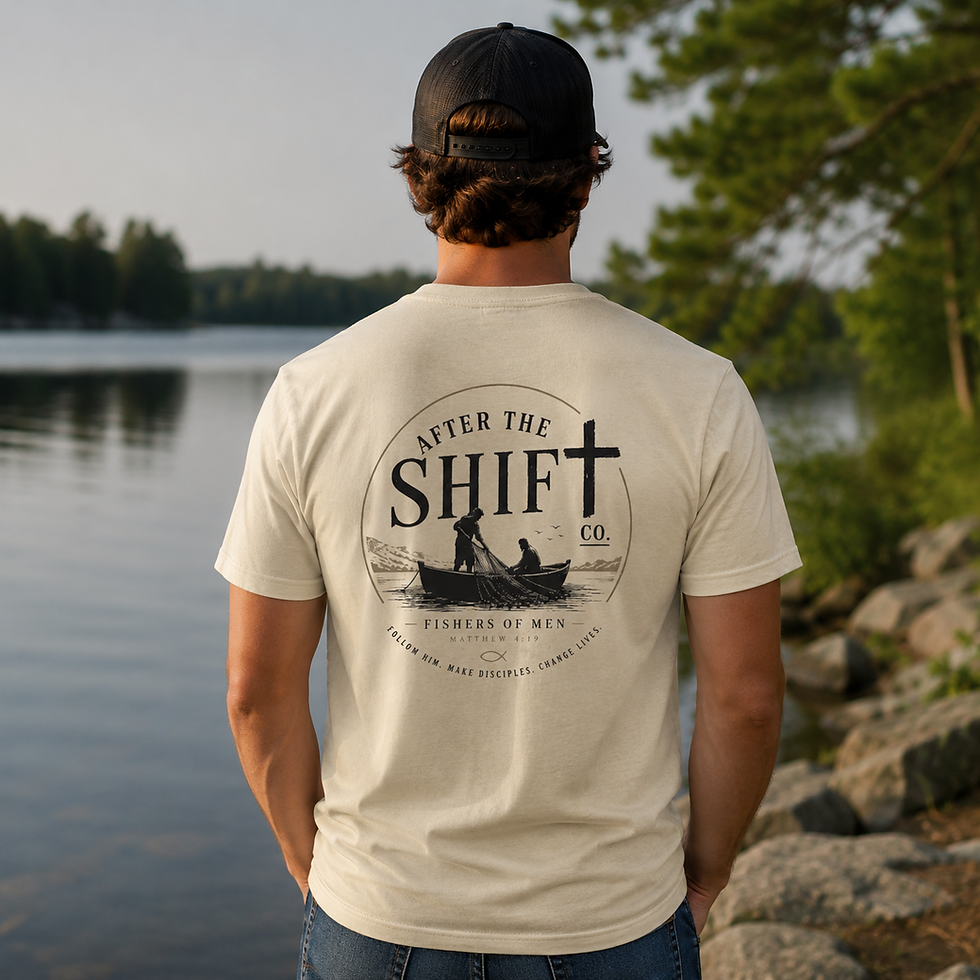 Thumbnail: Cream t-shirt with 'After the Shift' design and fishing boat