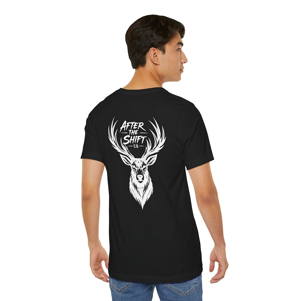 Thumbnail: Man in black t-shirt with deer head and 'After the Shift' design