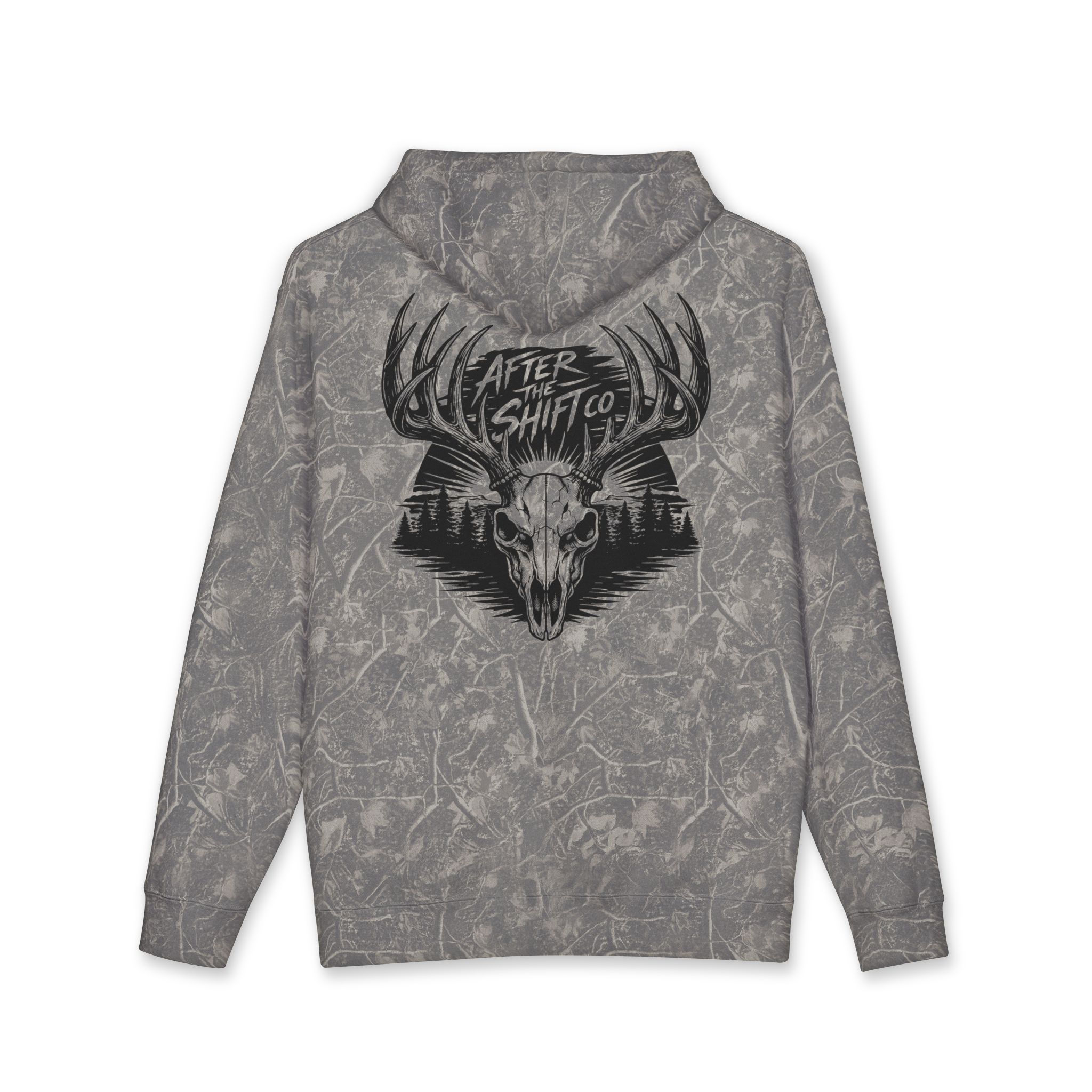 Gray hoodie with deer skull and forest design