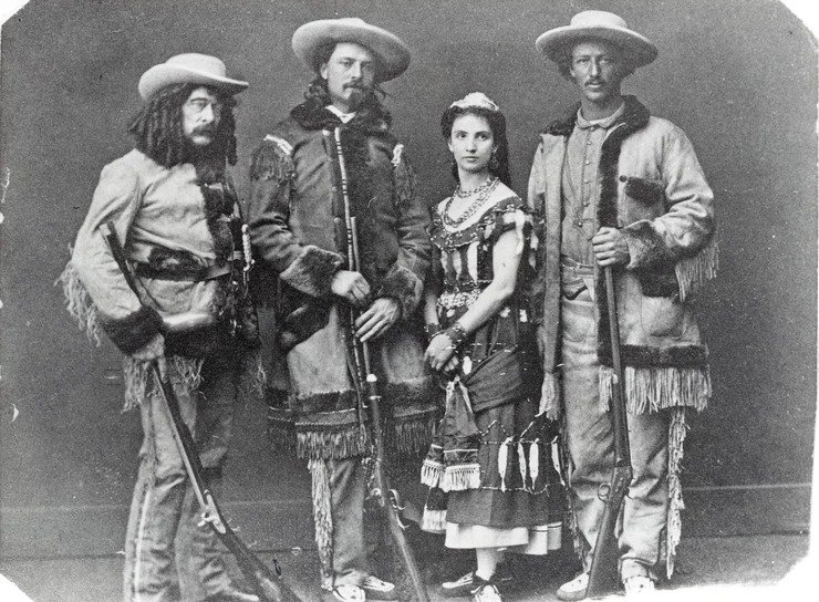 Left to right: Ned Buntline, Buffalo Bill Cody, Giuseppina Morlacchi, and Texas Jack Omohundro as The Scouts of the Prairie in 1872 and 1873.