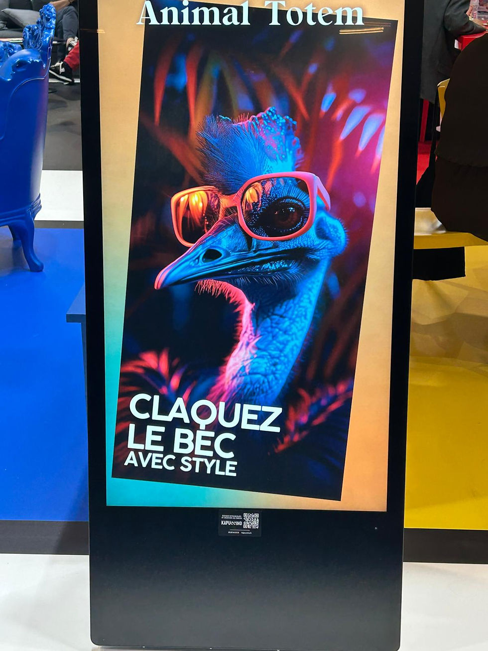 Thumbnail: Image de cassowary élégant, lunettes de soleil, texte: Claquez le bec avec style Kapuccino.