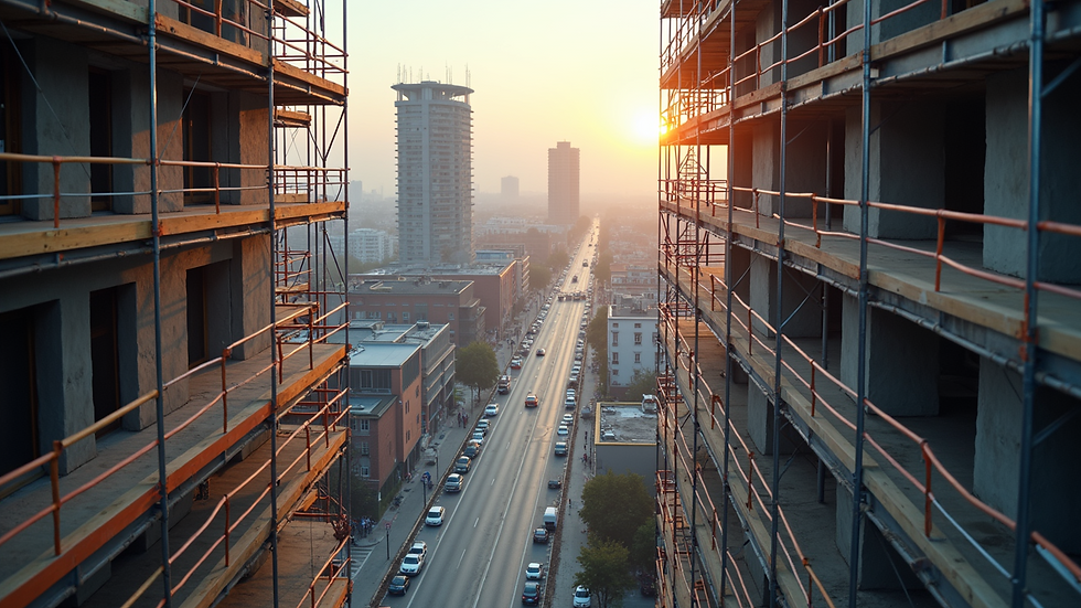 High angle view of a construction site with scaffolding